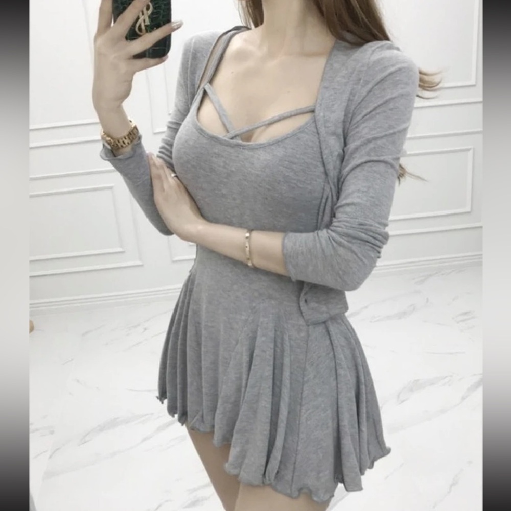 Gray dress 2 PC SET cardigan dress flowy summer Strappy NWT